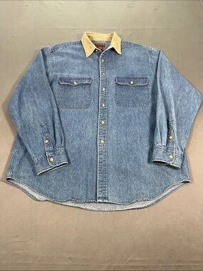 Vintage 1990 High Sierra Blue Denim Button-Down Shirt with Tan Collar